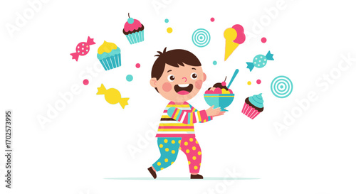 Smiling Child Holding Ice Cream Surrounded By Sweets And Treats Illustration