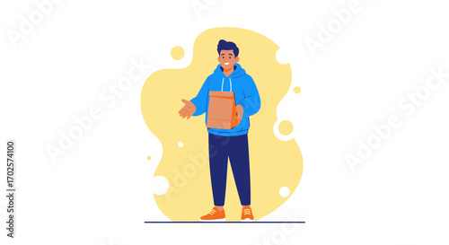 Smiling Delivery Person Holding Package Inviting, Welcome Pose with Abstract Background