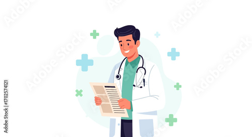 Smiling Doctor Reviewing Medical Report Against a Clean Backdrop for Healthcare Presentations