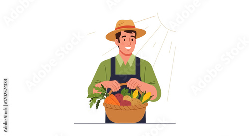 Smiling Farmer Holding Fresh Vegetables Harvested From a Local Organic Farm