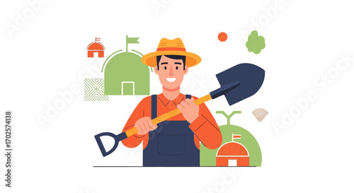 Smiling Farmer Holding a Shovel Promoting Agricultural Work and Rural Activities