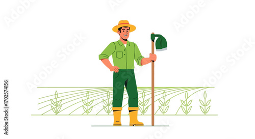 Smiling Farmer Standing in Field with Hoe, Agricultural Cartoon Illustration Concept