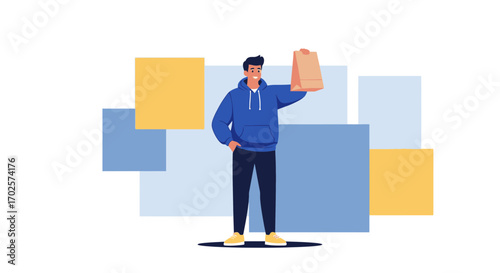 Smiling Figure Presenting a Brown Bag Against a Colorful Abstract Background