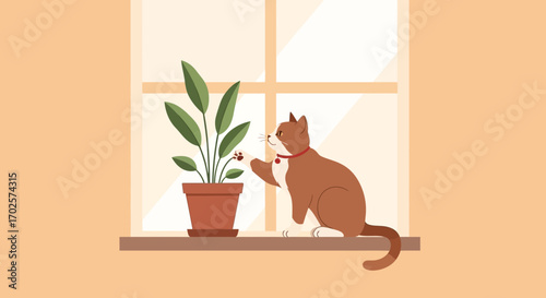 Playful Feline Engaging With Potted Plant On Windowsill In Flat Illustration