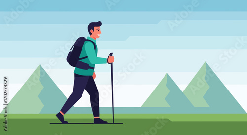 Smiling Hiker Trekking In Scenic Mountainous Landscape With Walking Stick And Backpack