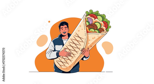 Smiling Man Holding Exaggerated Shawarma Wrap With Fresh Vegetables And Meat