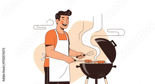 Smiling Man Grilling Sausages on Barbecue, Enjoying Outdoor Cooking, and Tasty Food