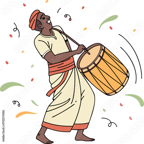 Joyful musician playing a traditional drum with vibrant energy, perfect for cultural projects