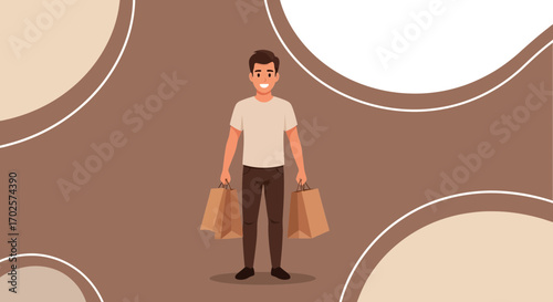 Smiling Man Shopping With Paper Bags In A Modern Style Illustrative Design