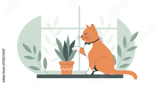 Playful Feline Exploring Greenery Beside Window In A Stylish Artistic Illustration