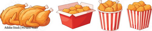 Fried chicken servings, whole roasted chicken, nuggets and drumsticks, fast food meal variety, crispy fried poultry illustration, takeaway concept art, CAD drawing flat vector illustration