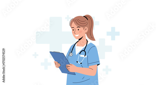 Smiling Nurse In Uniform Reading Information On A Clipboard And Ready For Treatment