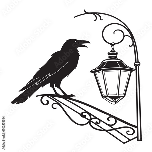 Silhouette of a raven perched on a decorative lamppost bracket, isolated on white background