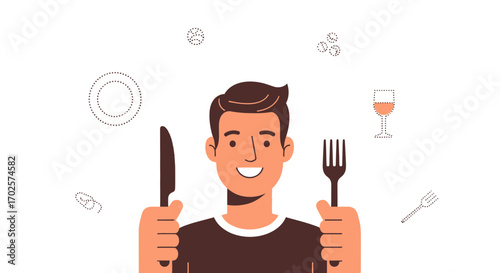 Smiling Person Holding Utensils Ready To Taste Food Enjoying Dinner or Meal Time