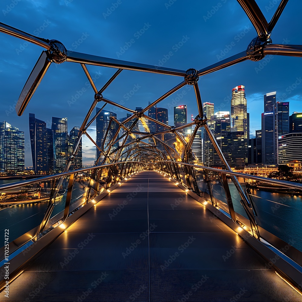 Obraz premium Night view of helix bridge with illuminated steel structure design image