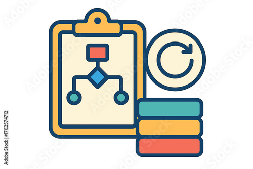 Flowchart on clipboard with database icons and refresh symbol workflow planning icons backlog