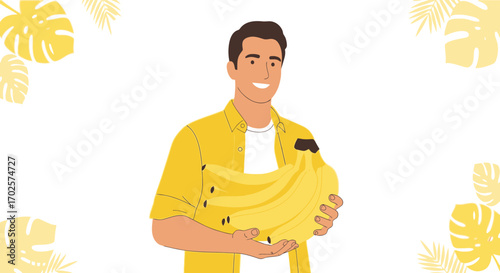 Smiling Vendor Presents Bunch Of Bananas Surrounded By Tropical Leaves, Vector Illustration