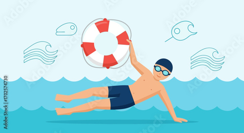 Poolside Relaxation And Rescue: Graphic Illustration Depicting Aquatic Wellbeing