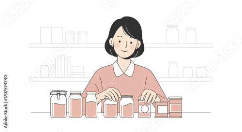 Smiling Woman Arranging Jars Full Of Food In A Clean And Organized Pantry