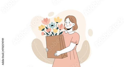 Smiling Woman Carries Flowers, A Symbol Of Beauty And Freshness, In A Kraft Paper Bag.