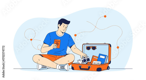Preparing For A Journey: Illustration Of Traveler Unpacking Suitcase With Essentials