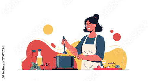 Smiling Woman Cooking Fresh Dinner Dish In Modern Kitchen Artwork Illustration