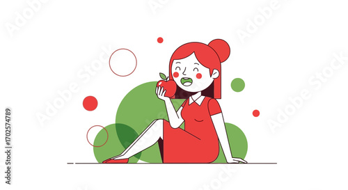 Smiling Woman Delights In Fresh Apple During Restful Afternoon Of Healthy Living