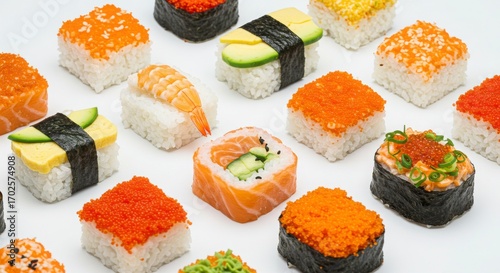 Wallpaper Mural White plate with assorted sushi rolls garnished with sesame seeds and served with dipping sauce Torontodigital.ca