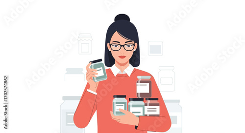 Smiling Woman Holding Diverse Jars, Depicting Wellness, Healthy Living, And Variety