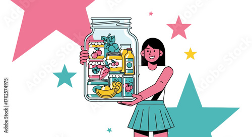 Smiling Woman Holding Jar Filled with Fruits, Vegetables, and Preserves Against Colorful Stars
