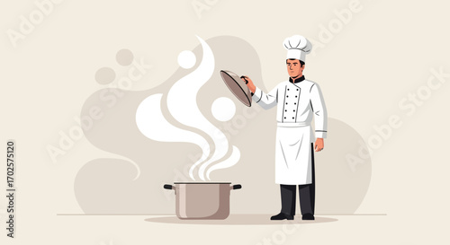 Professional Chef Inspecting Culinary Creation With Steaming Pot Ready To Serve Delicious Food