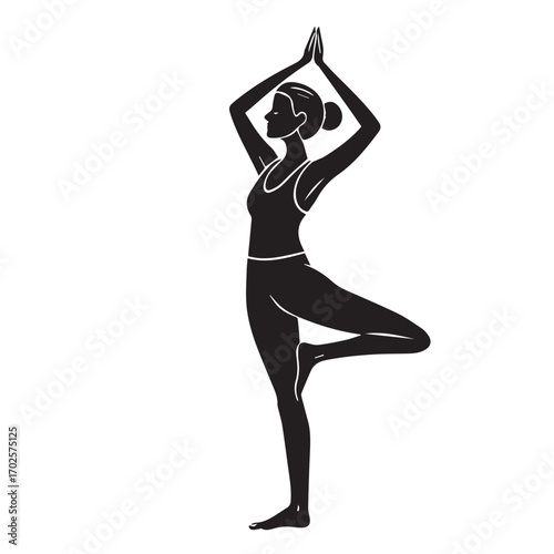 Silhouette of a woman performing the vrksasana or tree pose in yoga, isolated on white background