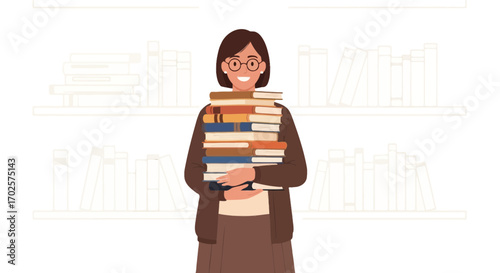 Smiling Woman Holding Stack Of Books With Shelves In The Background