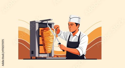 Professional Cook Slicing Roasted Meat From Rotating Vertical Spit In Diner Restaurant