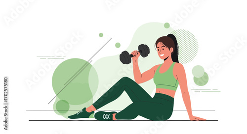 Smiling Woman Lifting Dumbbell While Exercising in a Modern, Minimalist Illustration