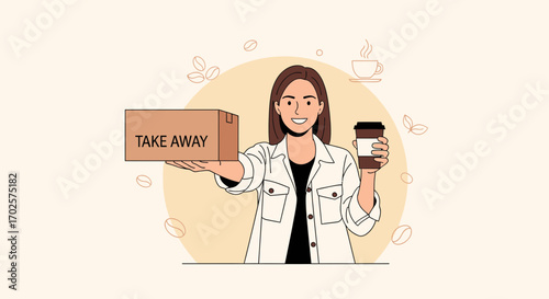 Smiling Woman Offering Take Away Coffee And Food Box On Beige Background
