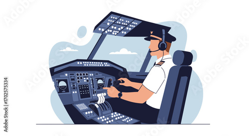 Professional Pilot Inside Cockpit Operating Airplane with Avionics in Flight