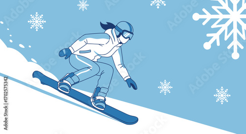 Snowboarder Shredding Down Snowy Slope With Delightful Winter Snowflake Accents In Illustration