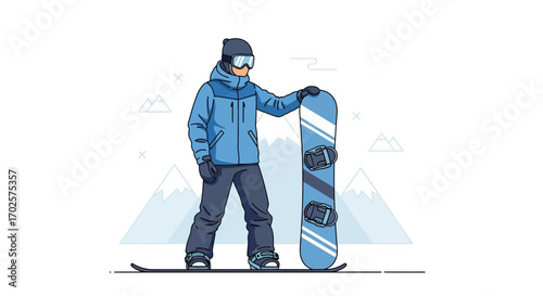 Snowboarder Standing Beside His Board In Front Mountain Silhouette Illustration
