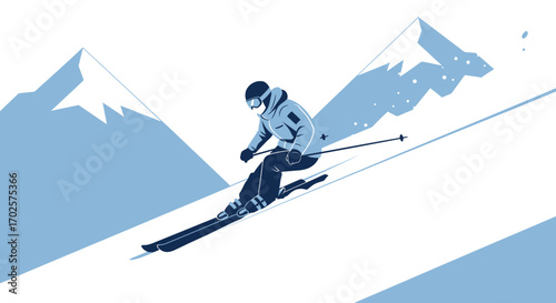 Snowy Mountain Descent Depicts Skier Navigating Downhill Slope for Winter Sports