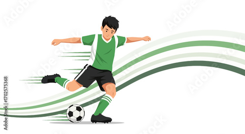 Soccer Player Kicking Ball Creating Momentum with Green Color Flowing Elements