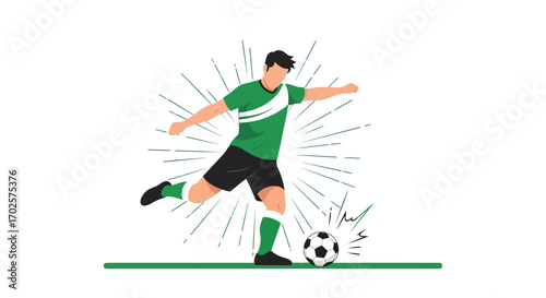 Soccer Player Kicking Ball with Energy Burst in Colorful and Dynamic Illustration