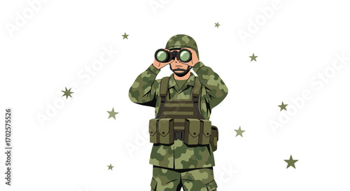 Soldier Observing Through Binoculars Amidst Star Motifs, Vector Illustration
