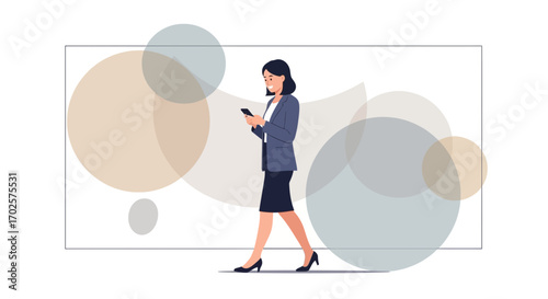 Professional Woman Walking and Texting in Minimal Design, Modern Communication Concept