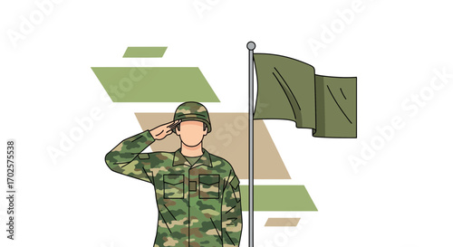 Soldier Giving Salute Near A Flag Vector Illustration With Minimalist Graphic Style