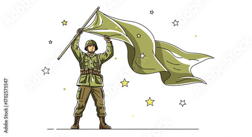 Soldier Holding Flag Depicting Achievement With Starry Embellishments And Artistic Illustration