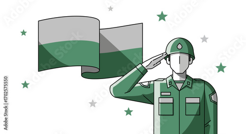 Soldier Performing a Salute Next to a Flag, Representing Patriotism and Honor