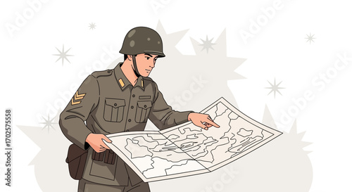 Soldier Planning Strategy During Wartime Inspecting Maps, Ready for Deployment or Operations