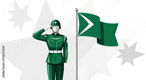 Soldier Saluting A Flag with Starry Backdrop in a Patriotic and Official Setting