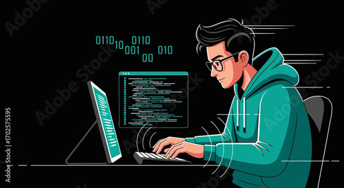 Programmer Coding Seamlessly With Code On Tablet, Binary, And Digital Interface
